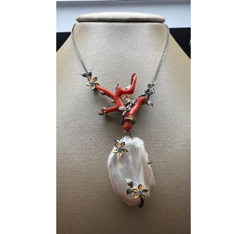 Collar coral cerdeña y perla plata 2
