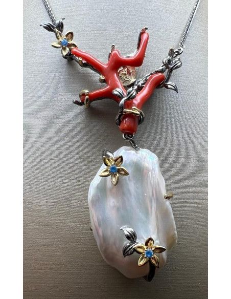 Collar coral cerdeña y perla plata