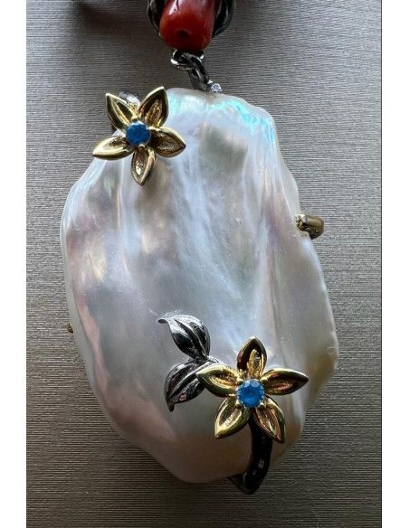 Collar coral cerdeña y perla plata