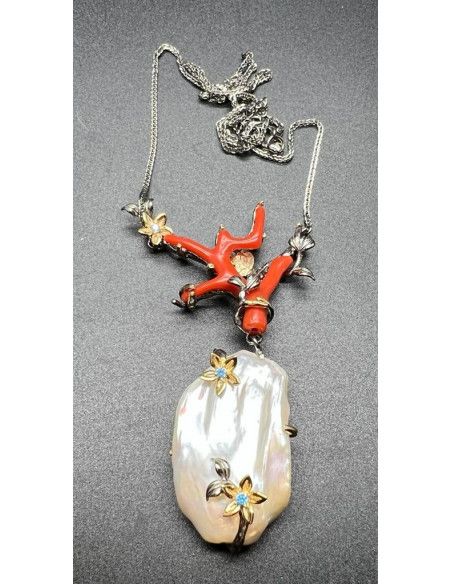 Collar coral cerdeña y perla plata