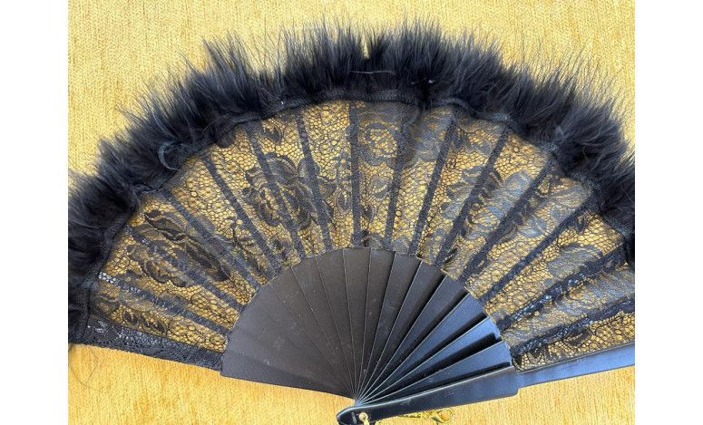 Abanico encaje negro con plumas