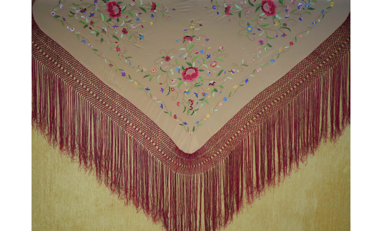 Mantón mano seda 140cm fleco combinado