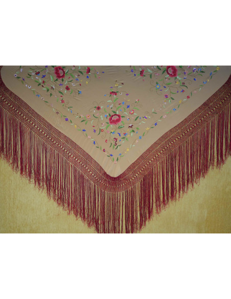 Mantón mano seda 140cm fleco combinado