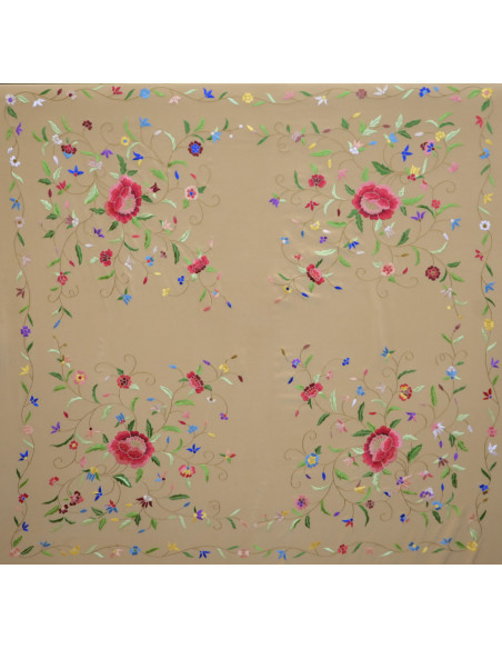 Mantón mano seda 140cm fleco combinado