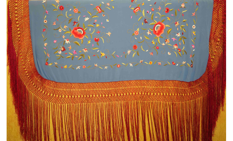 Mantón mano seda 140cm fleco combinado