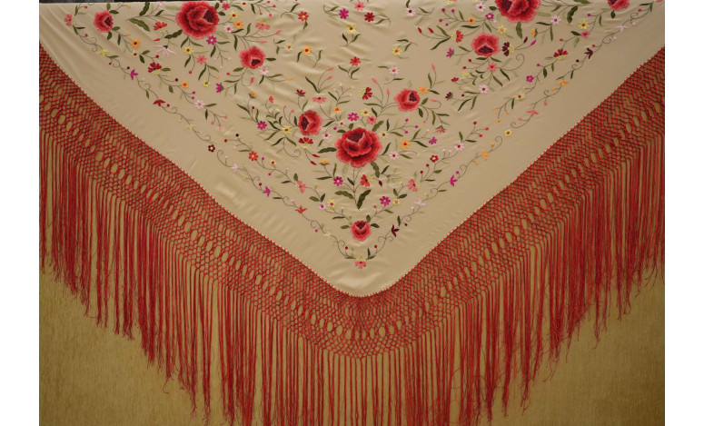 Mantón mano seda 140cm fleco combinado