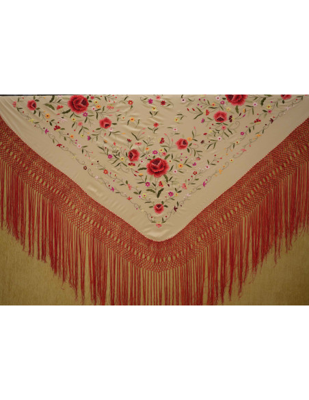 Mantón mano seda 140cm fleco combinado
