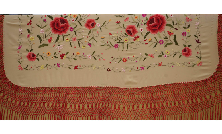 Mantón mano seda 140cm fleco combinado
