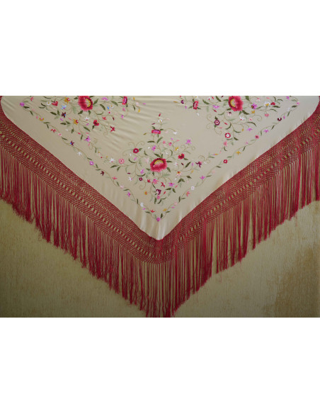 Mantón mano seda 140cm fleco combinado