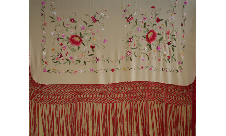 Mantón mano seda 140cm fleco combinado