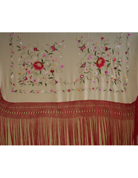 Mantón mano seda 140cm fleco combinado