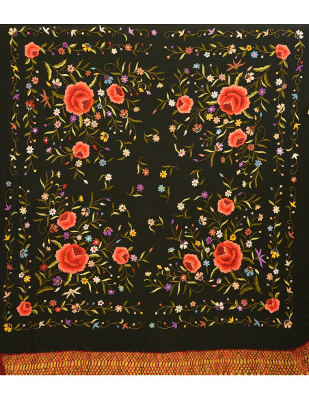 Mantón mano seda 140cm fleco combinado