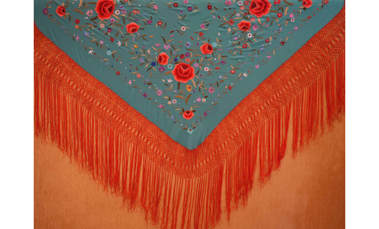 Mantón mano seda 140cm fleco combinado