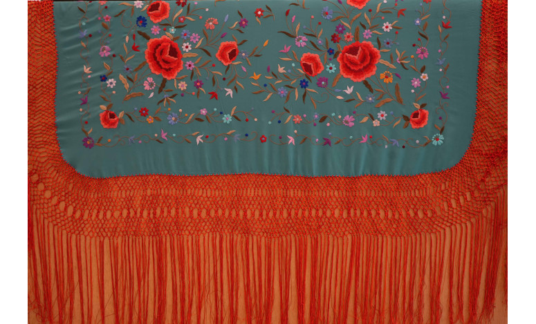 Mantón mano seda 140cm fleco combinado