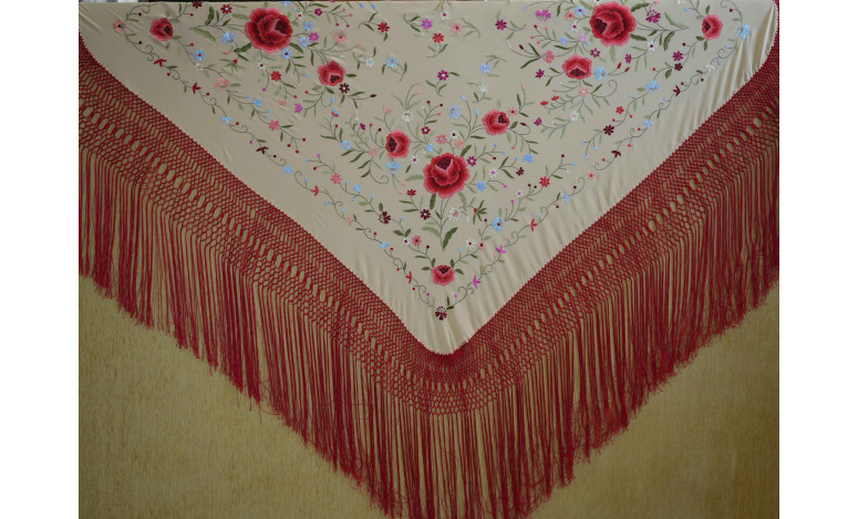 Mantón mano seda 140cm fleco combinado