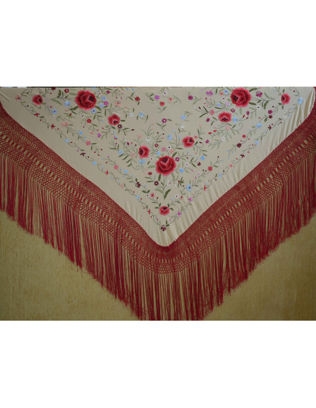 Mantón mano seda 140cm fleco combinado