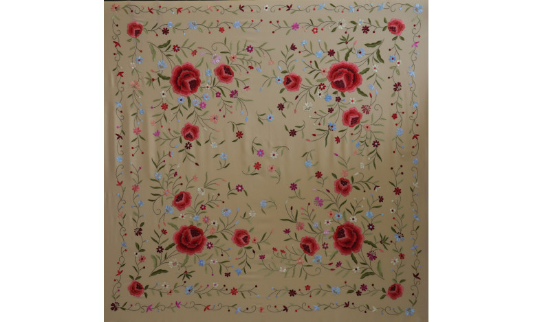 Mantón mano seda 140cm fleco combinado