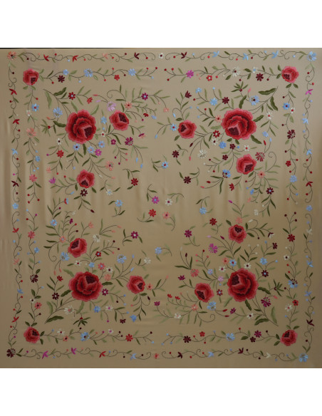 Mantón mano seda 140cm fleco combinado