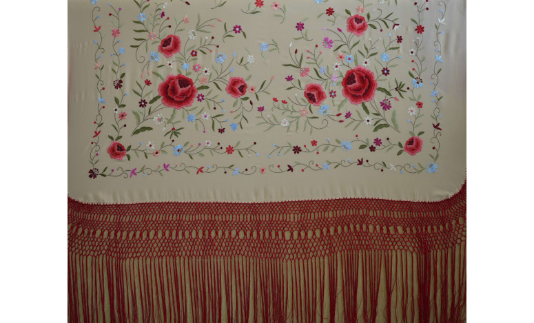 Mantón mano seda 140cm fleco combinado