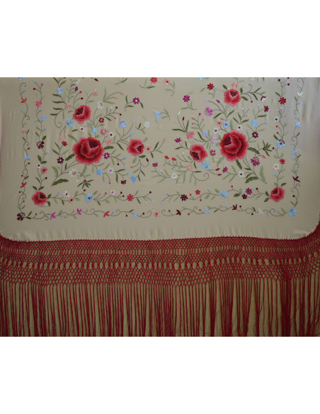 Mantón mano seda 140cm fleco combinado