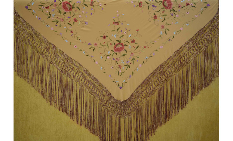 Mantón mano seda 140cm fleco combinado