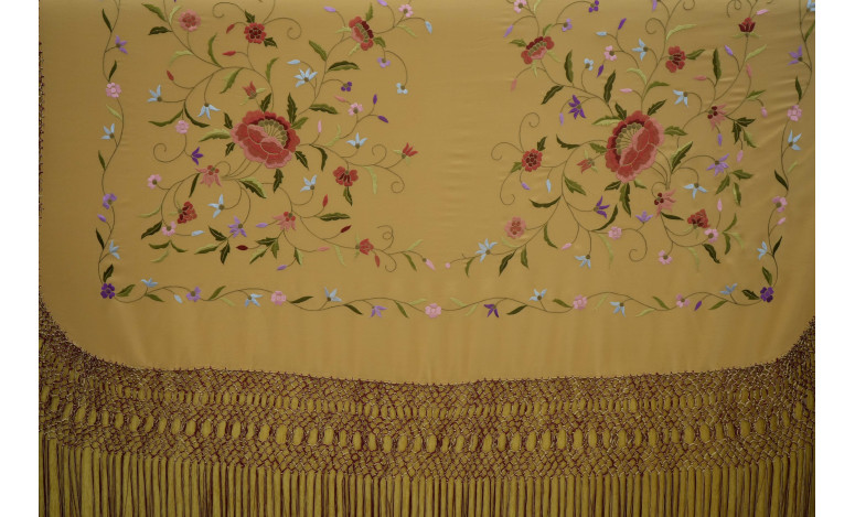 Mantón mano seda 140cm fleco combinado