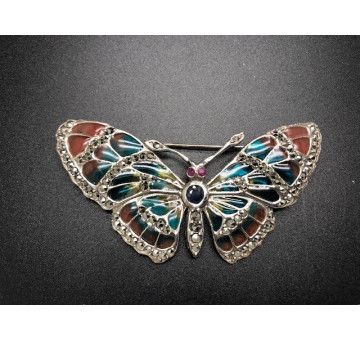 Broche mariposa plata con marcasitas vidriada