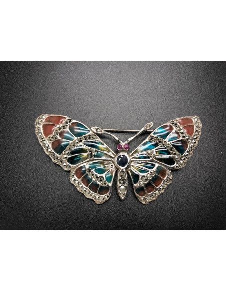 Broche mariposa plata con marcasitas vidriada