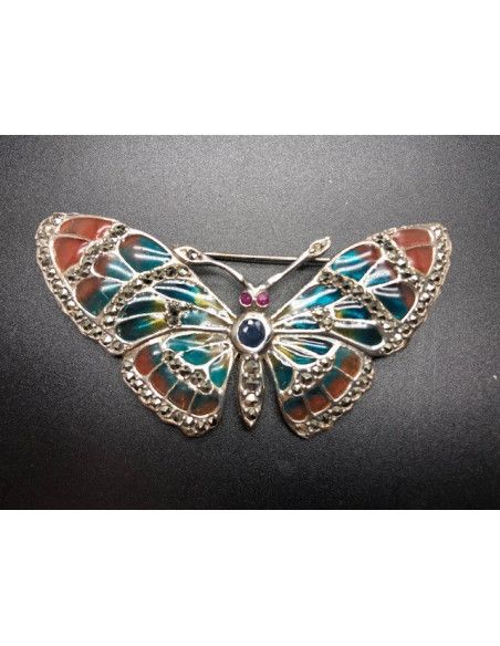 Broche mariposa plata con marcasitas vidriada