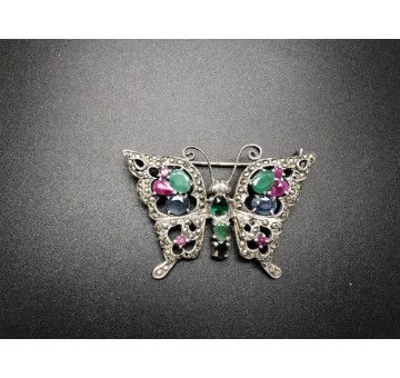 Broche mariposa plata con marcasitas y cristal colores