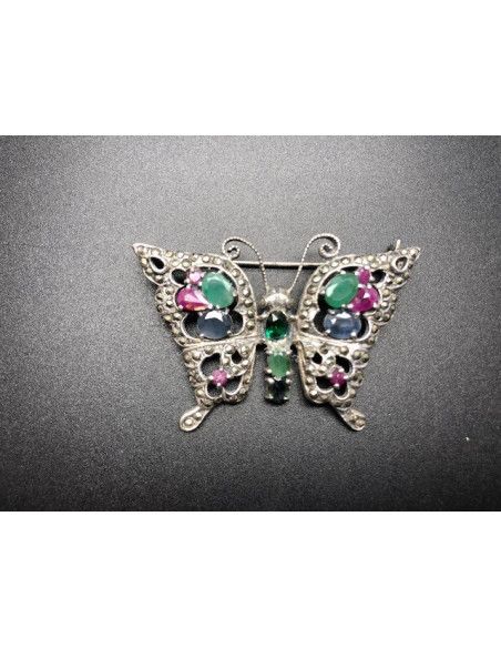 Broche mariposa plata con marcasitas y cristal colores
