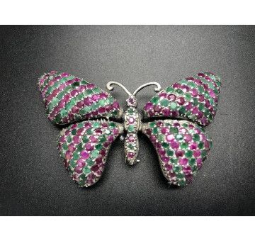 Broche mariposa plata esmeralda y rubi
