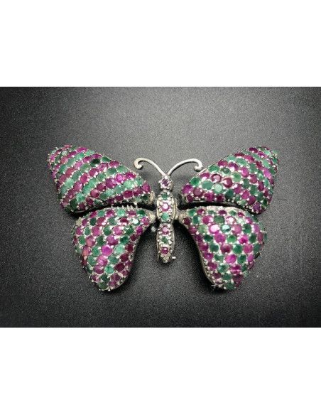 Broche mariposa plata esmeralda y rubi