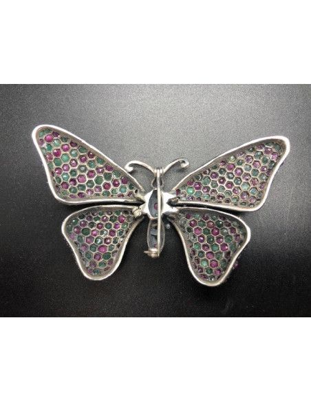 Broche mariposa plata esmeralda y rubi